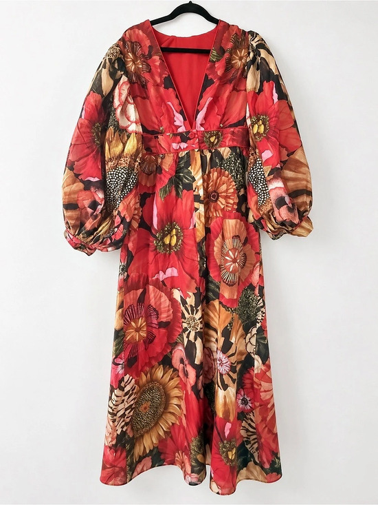 FARM Rio Dresses & Skirts - FARM Rio Red Berry Garden Long Sleeve Pleated Maxi Dress